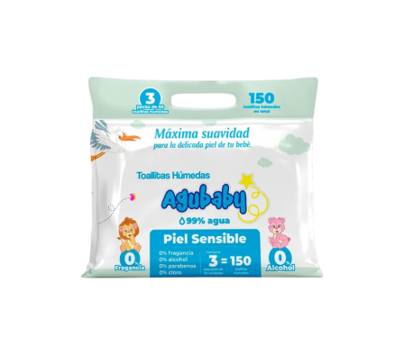 TOALLITAS HUMEDAS AGUBABY PIEL SENSIBLE PACK LL3 P2 X 50 UNID.