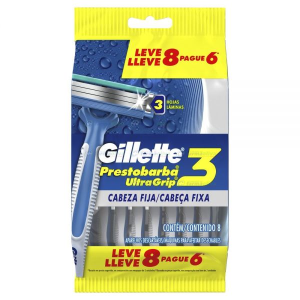 GILLETE PRESTOBARBA ULTRAGRIP 3 HOJAS - PAGUE 6 LLEVE 8 UNIDADES