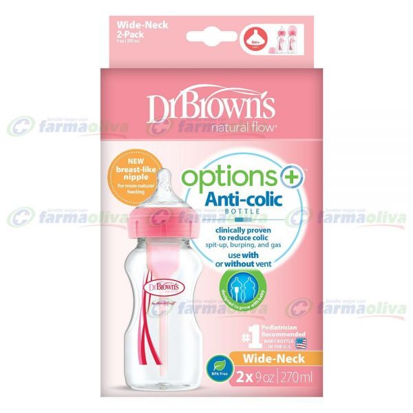 Dr. Brown's Biberón Boca Ancha 270ml Sil Anticólico Color Rosa