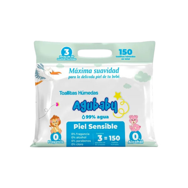 TOALLITAS HUMEDAS AGUBABY PIEL SENSIBLE PACK LL3 P2 X 50 UNID.